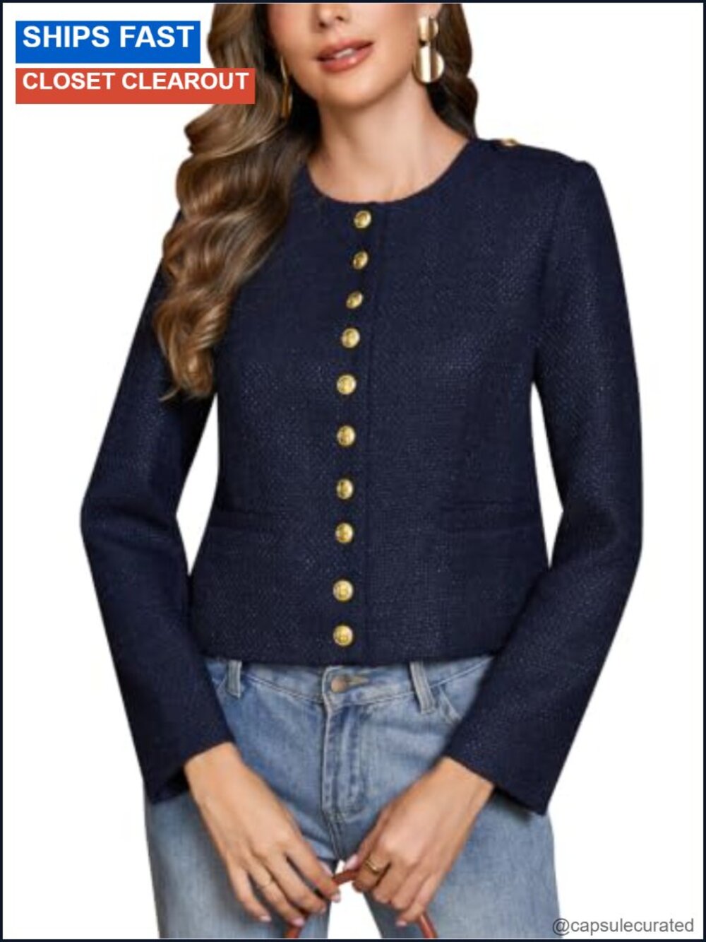 Cropped Tweed Blazer Jacket Gold Buttons Epaulets Pockets Slim Waist
